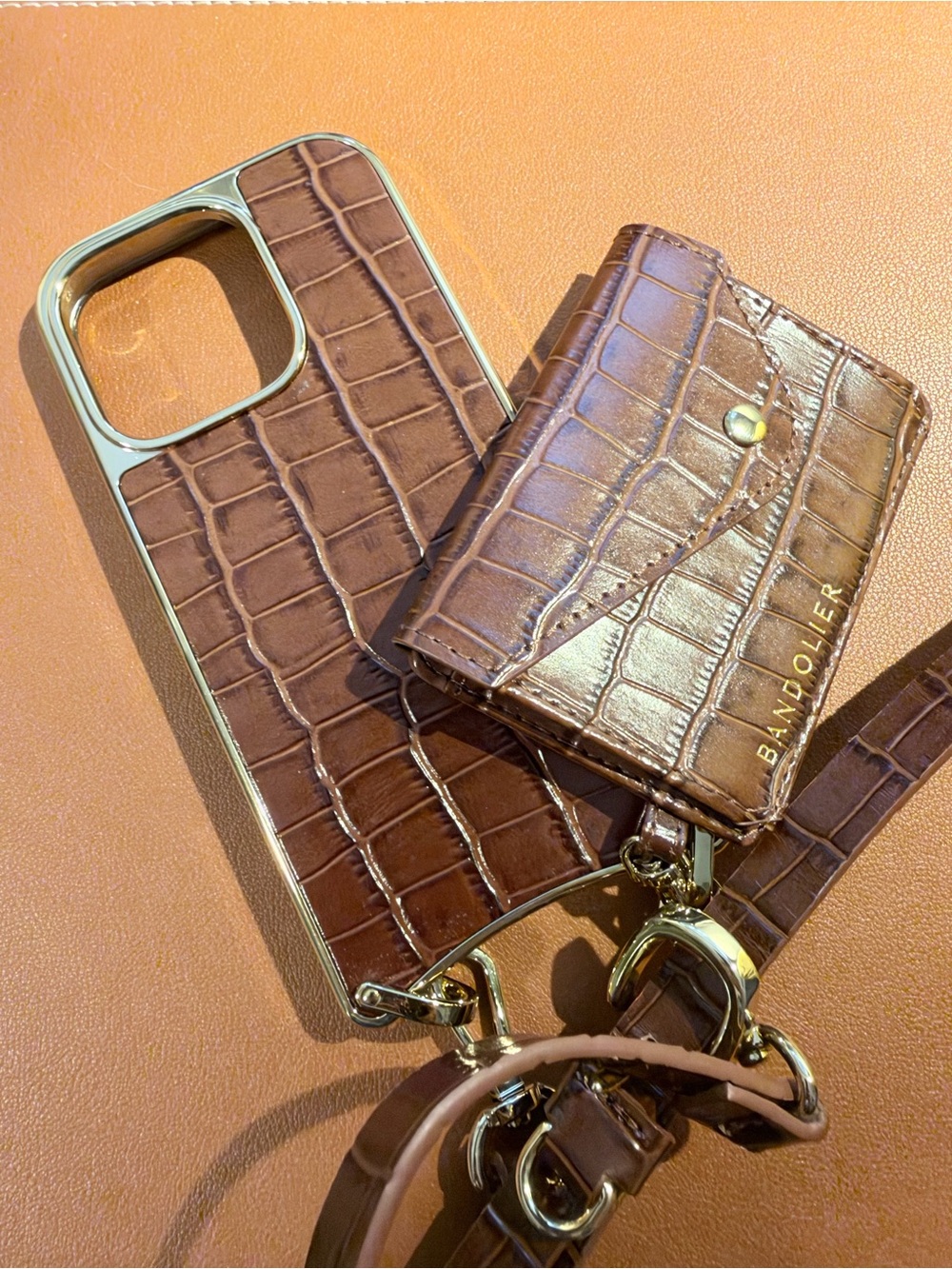Bandolier Remi Removable Wallet Crossbody Phone Case - Brown Croc/Gold